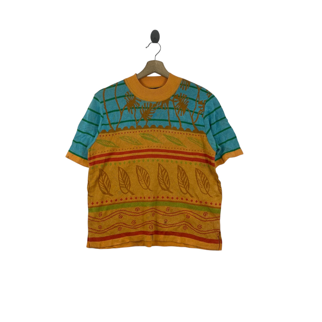Vintage LE CHIC PARIS Abstract Leaf Pattern Knit Short Sleeve Sweater Top Designer Casual Pullover Knitted Shirt