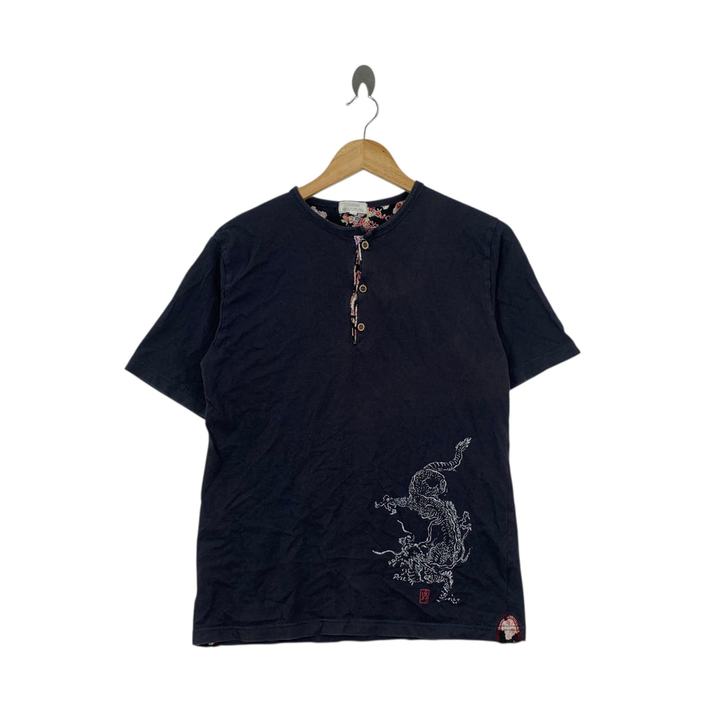 CORDOBA FLORAL DRAGON Japan Traditional Henley Tee Shirt Top Flower