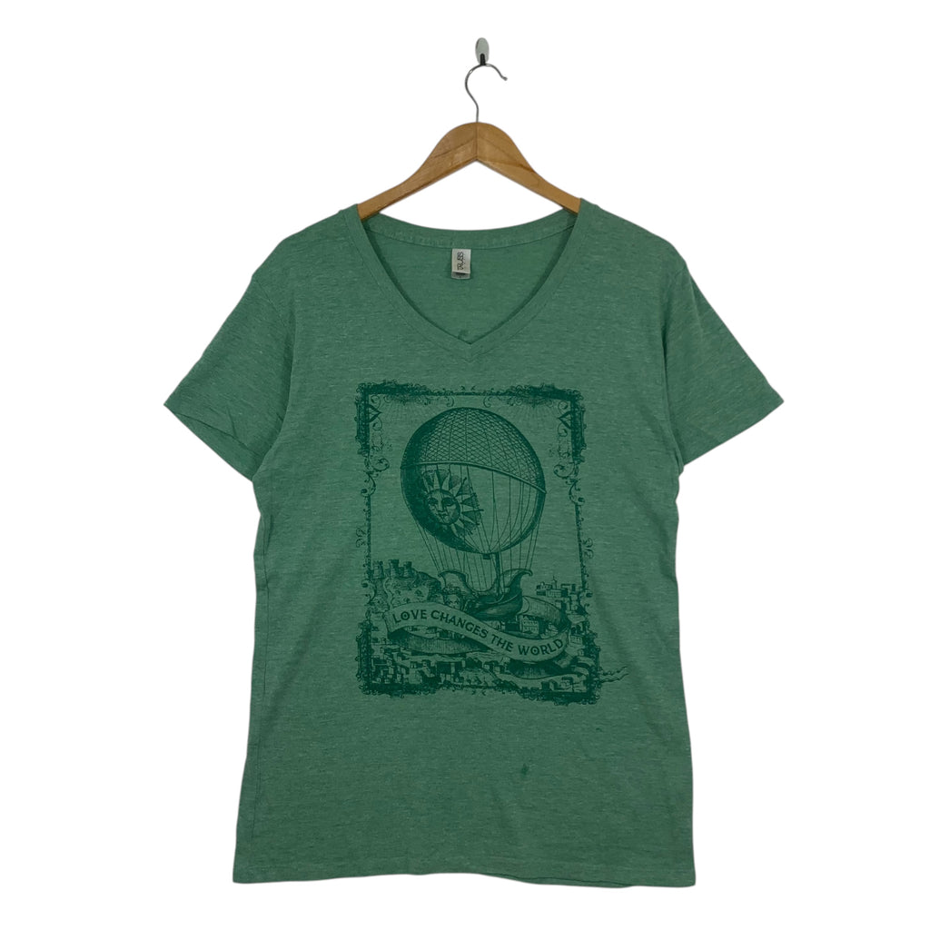 TRUSS Japanese Designer Love Changes The World Tee Shirt Top Hot Air Balloon Green Short Sleeve