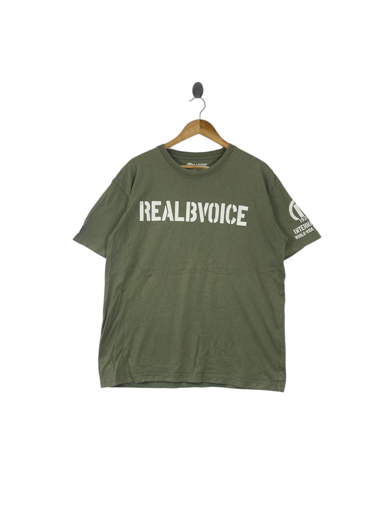 Vintage REAL BVOICE INTERNATIONAL Classic Graphic Tee Shirt Streetwear Casual Front Logo Print and Sleeve Graphic