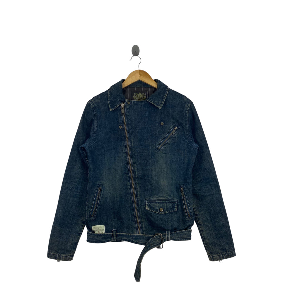 Vintage PEACE ANIMALS Denim Motorcycle Jacket Y2K Style Full Zip Belted Rider Jacket