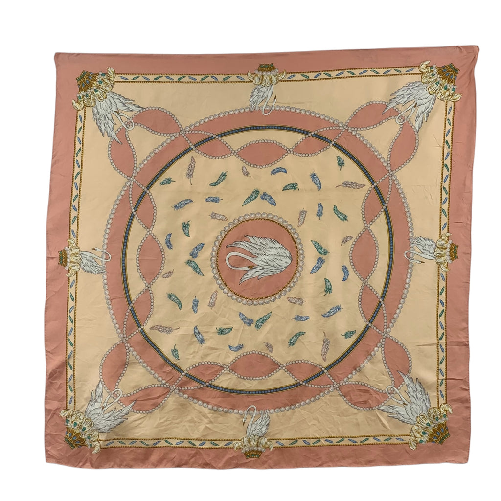 Vintage SWAN FEATHER Chain Crowned Silk Scarf Hand Rolled Shawl Neckerchief
