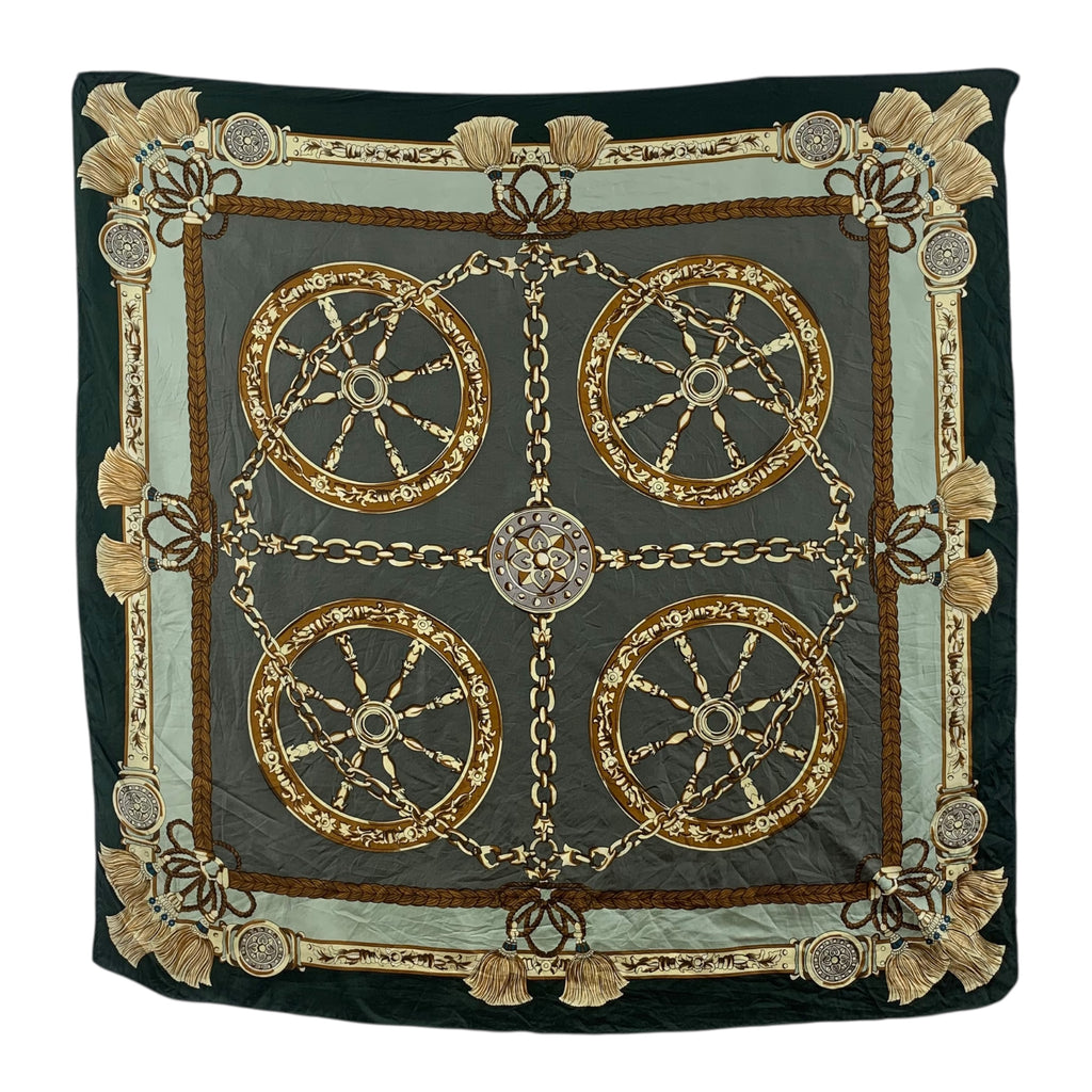 Vintage WAGON WHEEL GOLD Chain Tassel Silk Scarf Hand Rolled Shawl Neckerchief