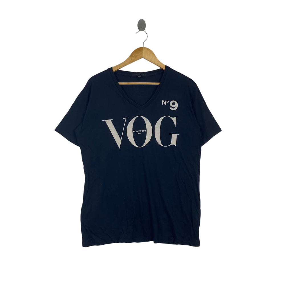 Vintage HOLLYWOOD MADE No. 9 VOGUE Graphic Print V-Neck Tee Shirt Short Sleeve Casual Streetwear