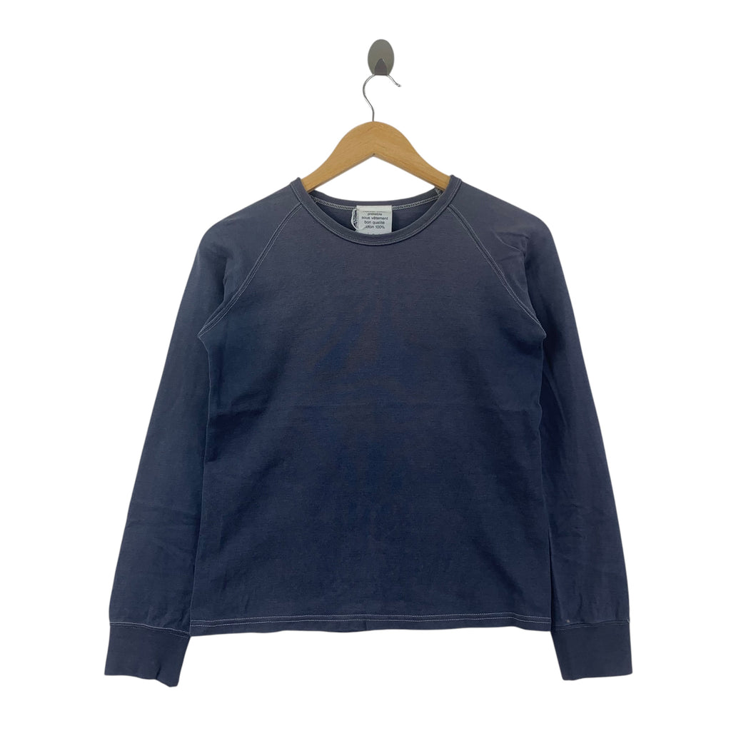 Vintage INE JAPAN Natural Cotton Sun Faded Indigo Tee Shirt Top Plain Long Sleeve