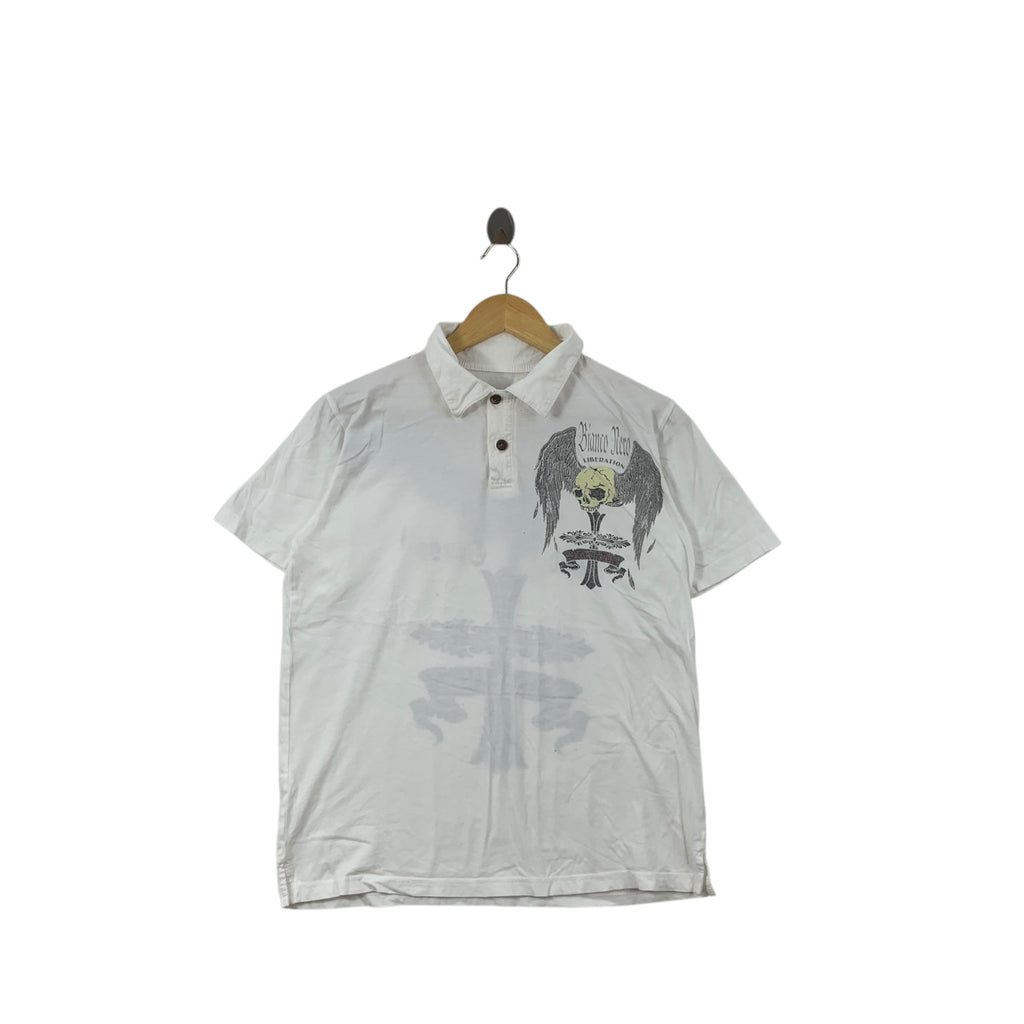 BIANCA NERO CROSS God Gothic Punk Polo Tee Shirt Top Winged Skull  White Short Sleeve