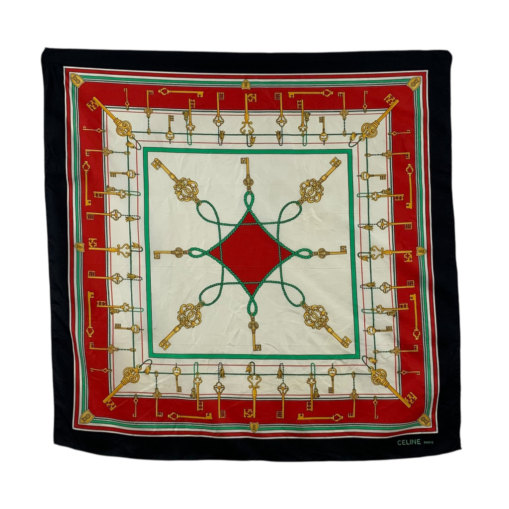 Vintage CELINE PARIS Gold Skeleton Key Rope Silk Scarf Hand Rolled Shawl Neckerchief Baroque