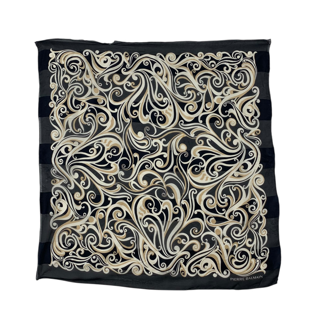 Vintage PIERRE BALMAIN PARIS Baroque Scroll Silk Scarf Hand Rolled Shawl Neckerchief Ornate Swirl Pattern