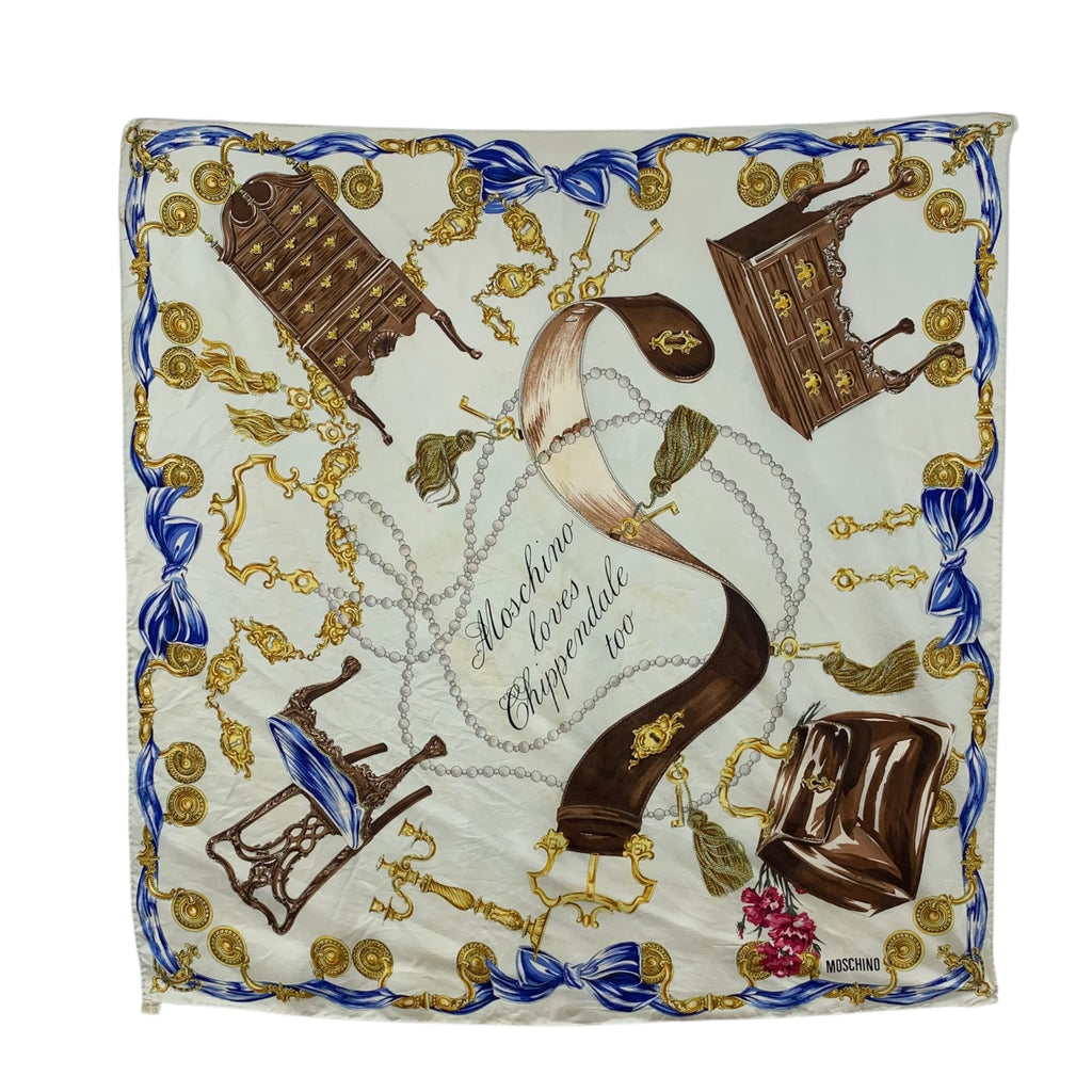 Vintage MOSCHINO Cipperdale Furniture Baroque Silk Scarf Hand Rolled Shawl Neckerchief Chain Motif