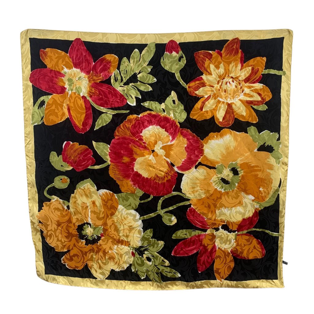 Vintage AUTUMN FLAME FLORAL Golden Silk Scarf Hand Rolled Shawl Neckerchief Midnight Field