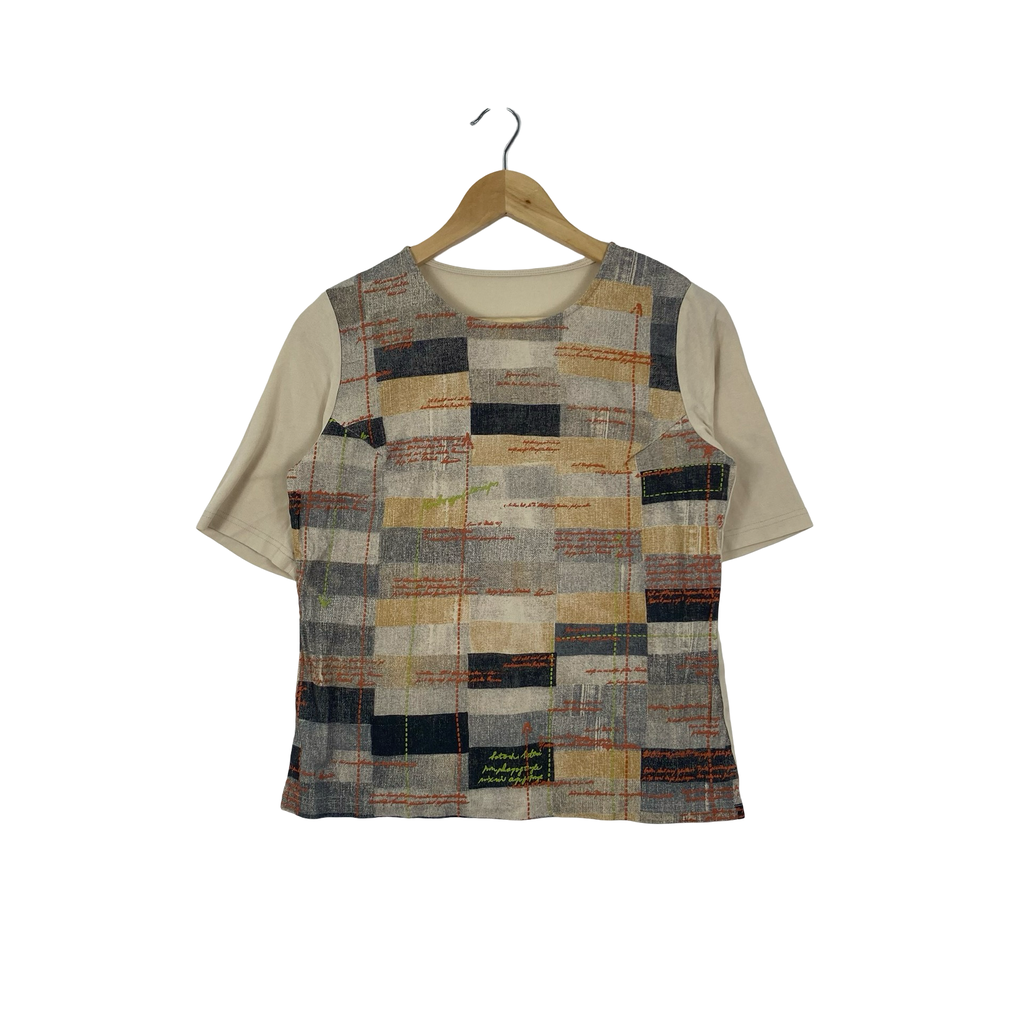Vintage JAPANESE PATCHWORK Abstract Print Blouse Short Sleeve Casual Artwear Top