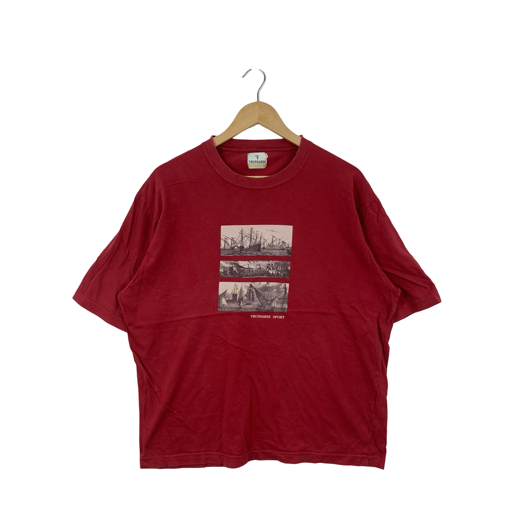 Vintage TRUSSARDI SPORT 19th Century Steel Engravings Warship Graphic Tee Shirt Top