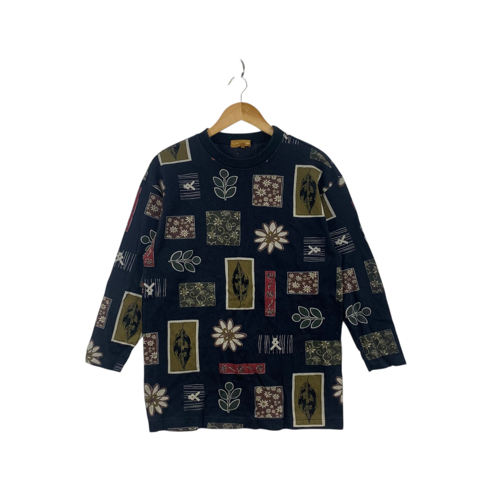 Vintage LANCEL PARIS FLORAL Leaves Art AOP Tee Shirt Top Long Sleeve Over Print