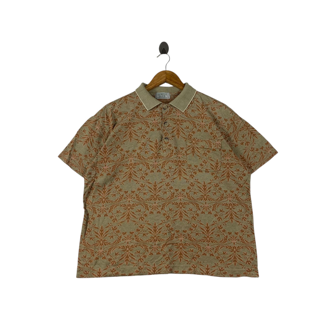 Vintage SIMPLE LIFE JAPAN Over Print Floral Polo Tee Shirt Top Baroque