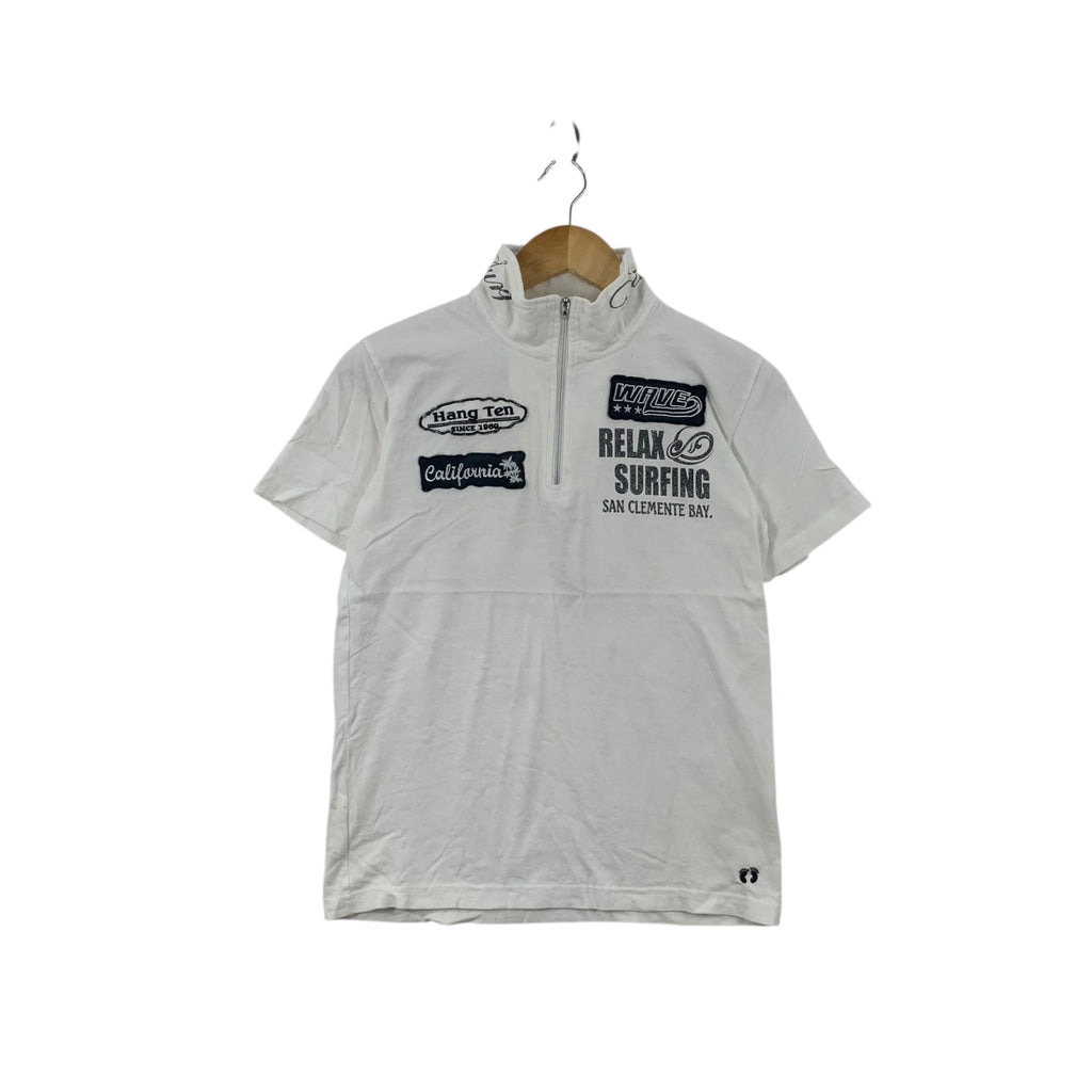 HANG TEN SURF Embossed Logo California Half Zipper Tee Shirt Top Polo Wave Beach