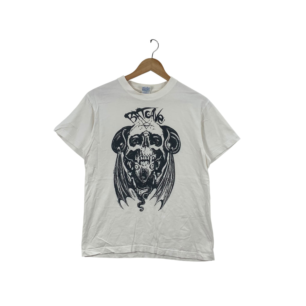 BAT CAVE Skull Bones Pentagram Logo Tee Shirt Top Heavy Metal