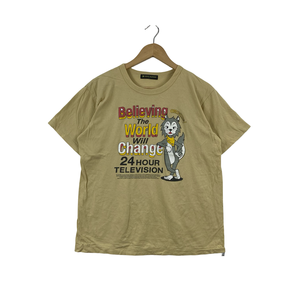 Vintage 24 HOUR TELEVISION Cartoon Graphic Tee Shirt Believing The World Will Change Character Print Casual Streetwear