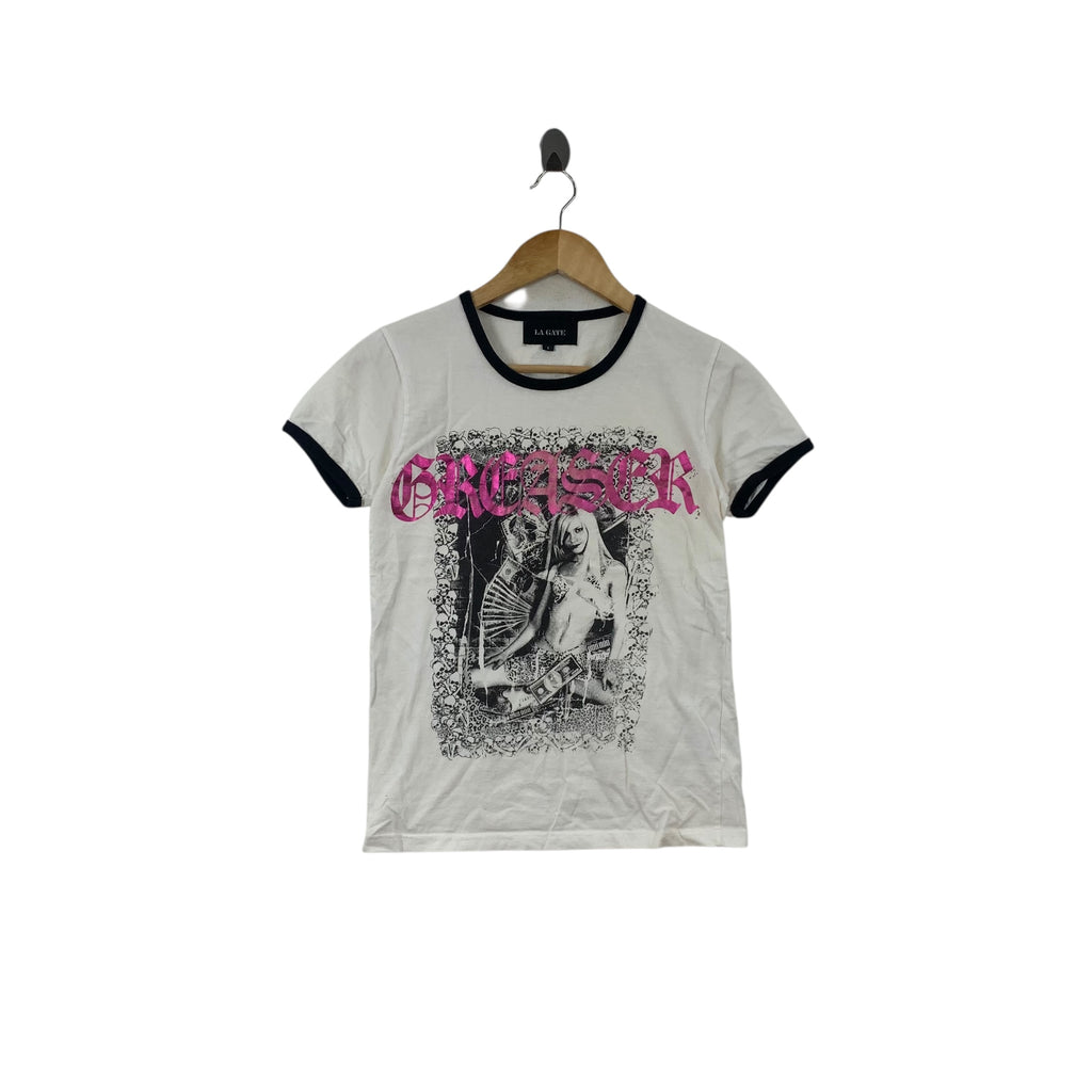 LA GATE GREASER Fotofolio Punk Skull Rebel Girl Tee Shirt Top Punk Motorcycle