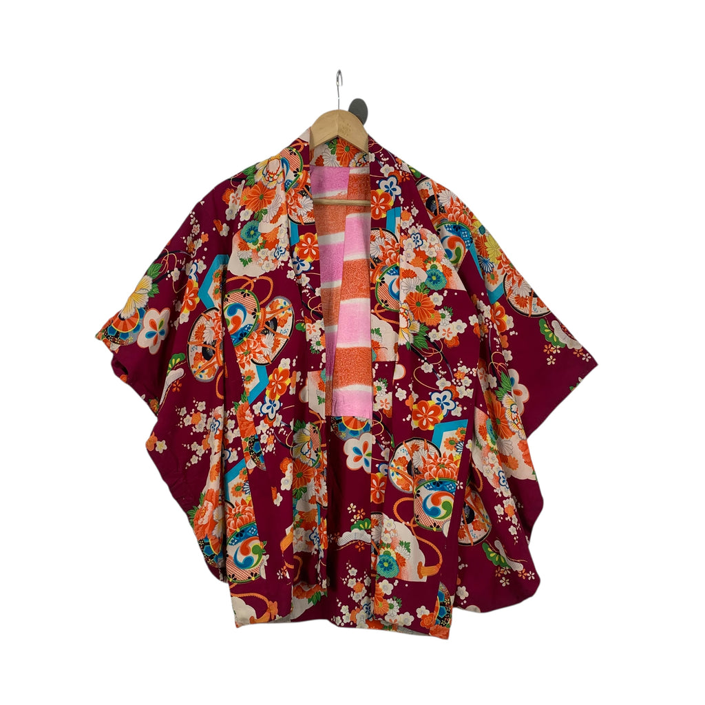 Vintage 70s KIMONO TEMPLE FLORAL JAPAN Traditional Geisha Robe Coat Onsen Yukata Dress Jacket Coat