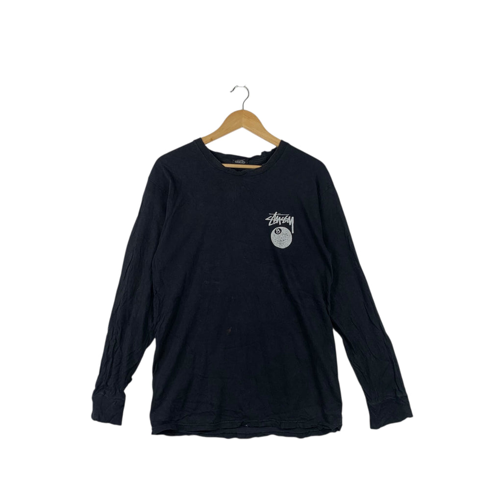 STUSSY SKATEBOARD 8 Ball Records Distress Tee Shirt Top Black Long Sleeve New York Store