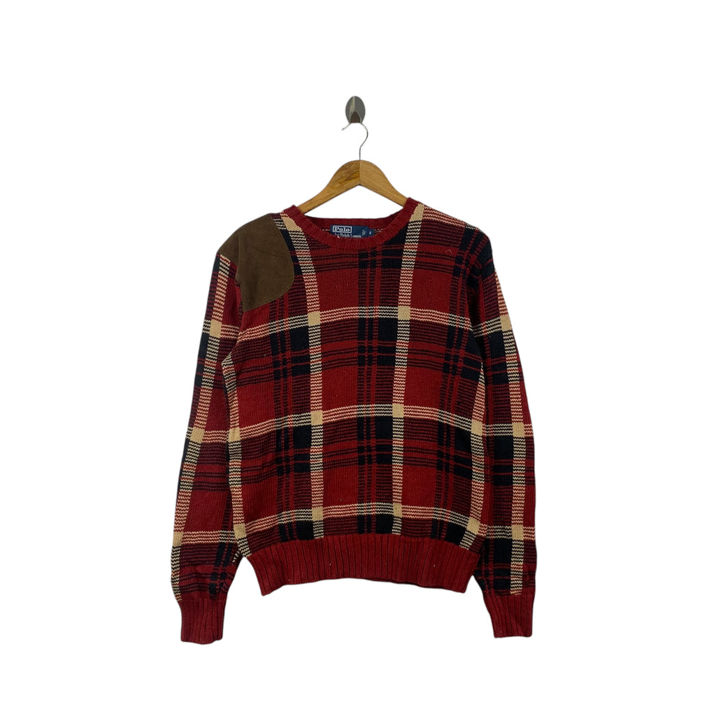 Vintage 90’ POLO RALPH LAUREN Tartan Patch Knit Sweatshirt Sweater Pullover Jumper Crewneck