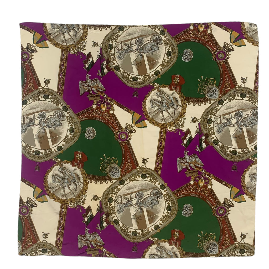 Vintage HERALDIC EQUESTRIAN CAVALRY Crest Silk Scarf Hand Rolled Shawl Neckerchief Medallion