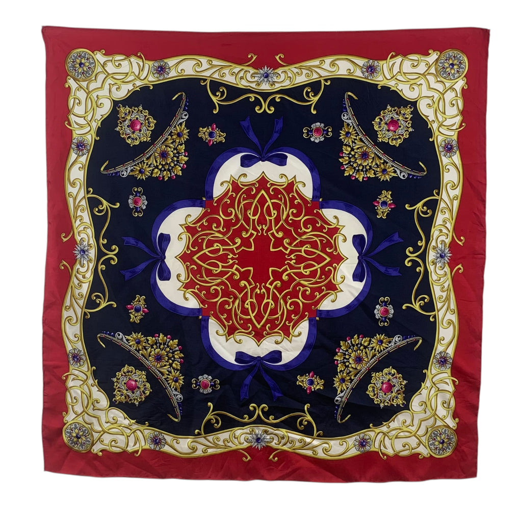 Vintage JEWEL BOW GOLD Filigree Gemstone Silk Scarf Hand Rolled Shawl Neckerchief