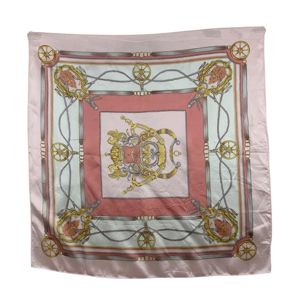 Vintage PASTEL EQUESTRIAN GOLD Carriage Crest Silk Scarf Hand Rolled Shawl Neckerchief