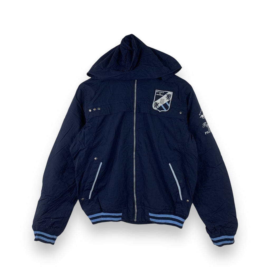Vintage 1985 HV POLO SOCIETY Cup Tour Sports Jacket Hoodie Embossed Logo Patch