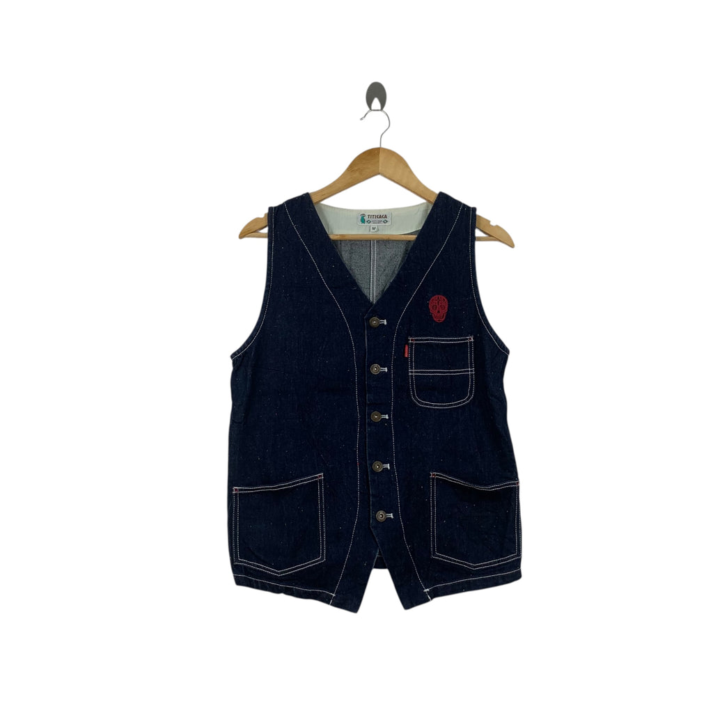 TITICACA SKULL BONES Embroidered Denim Jeans Vest Jacket Windbreaker