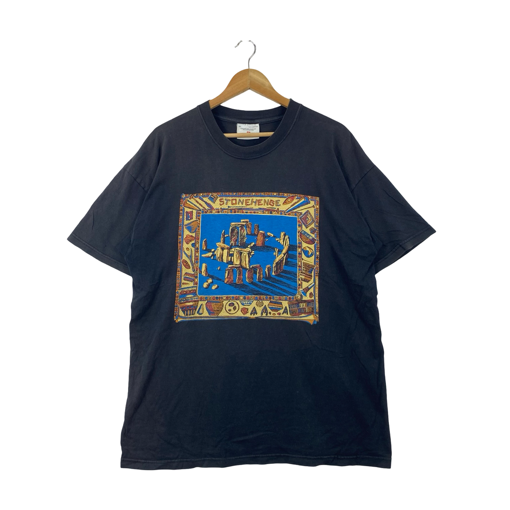 Vintage STONEHENGE GRAPHIC Tribal Frame Print Black Tee