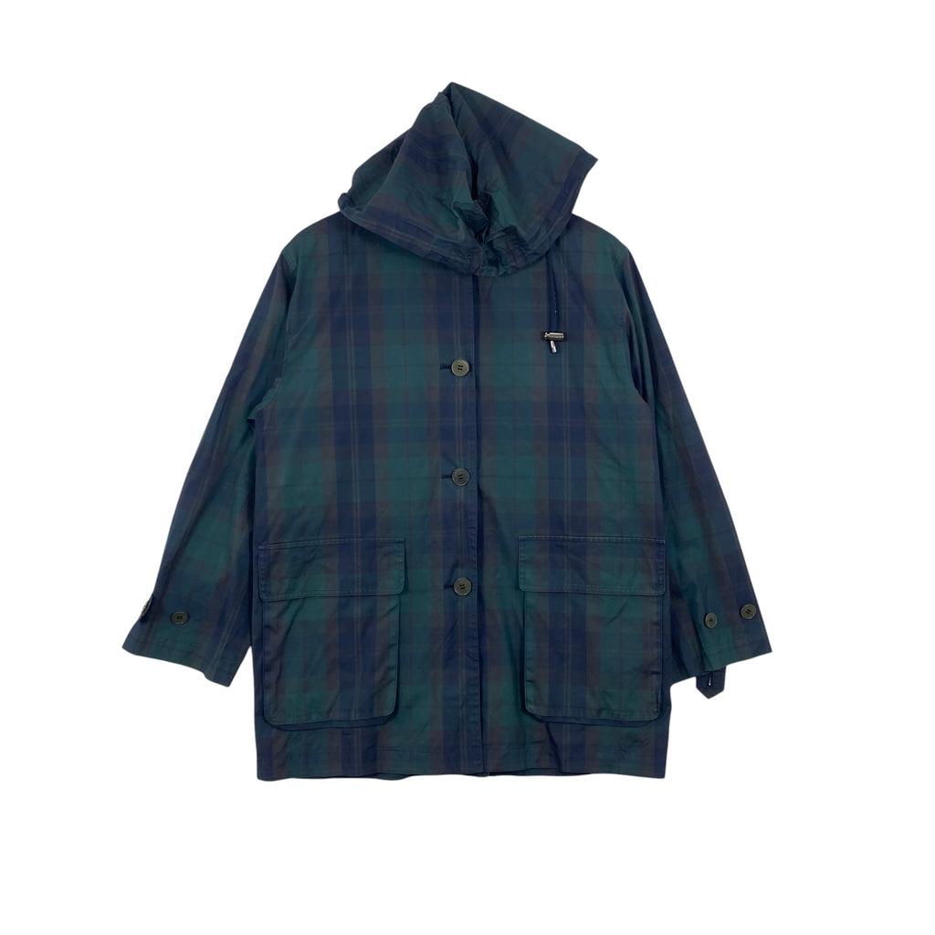 Vintage AQUASCUTUM OF LONDON  Plaid Hooded Field Jacket Classic Tartan Pattern Lightweight Utility Coat with Button Front & Multiple Patch Pockets