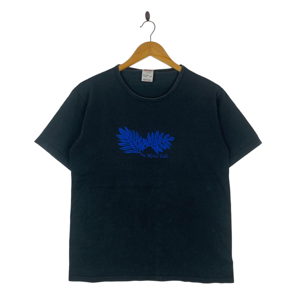 Vintage 90’ HAWAII ALOHA  SURF Palm Leaf Floral Tee Shirt Top Anvil Black Hawaiian Style Short Sleeve