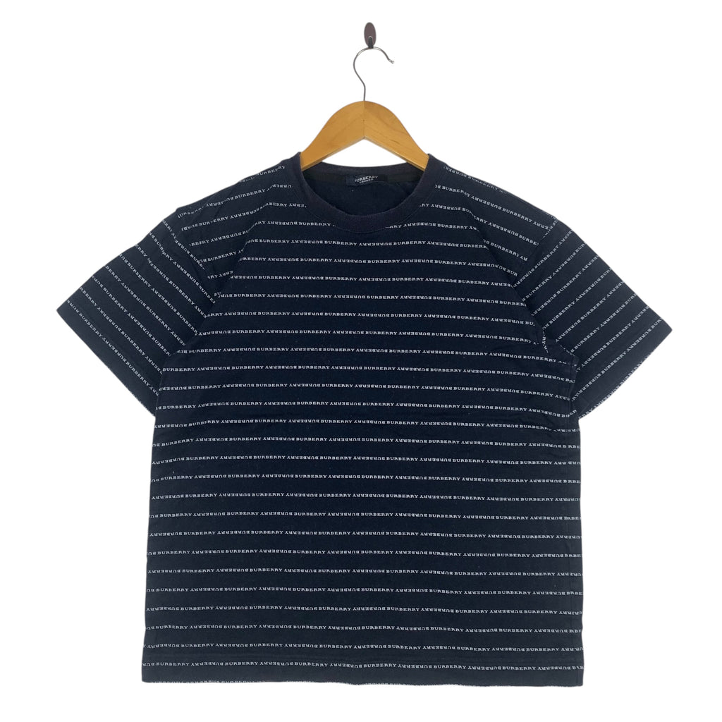 Vintage BURBERRY LONDON Monogram Over Print Tee Shirt Top Stripes Short Sleeve Made In Japan
