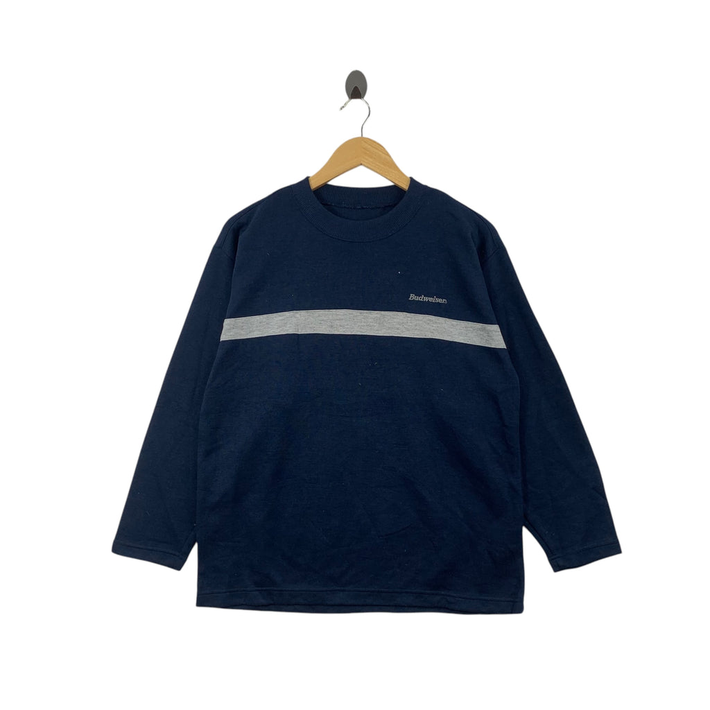 Vintage BUDWEISER BEER Embroidered Striped Sweatshirt Sweater Pullover Jumper Striped