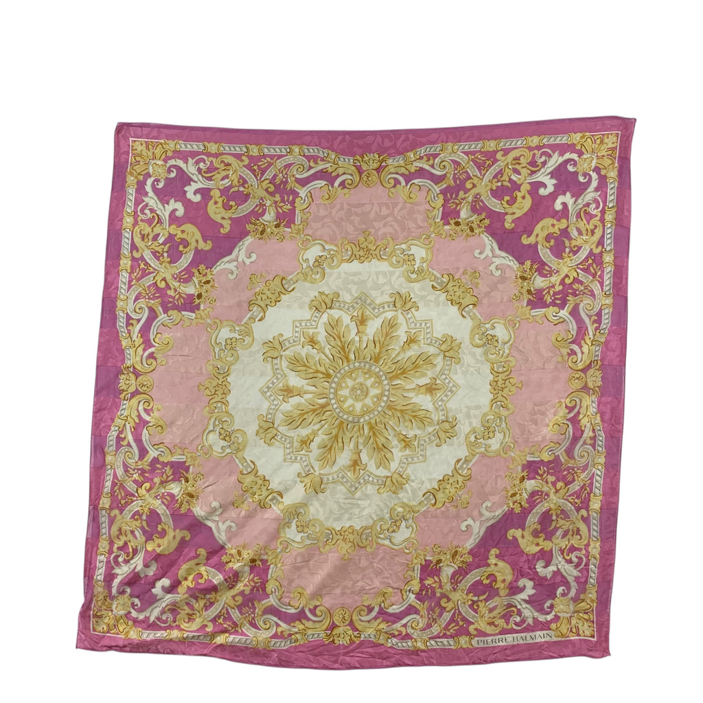 Vintage PIERRE BALMAIN PARIS Baroque Medallion Silk Scarf Hand Rolled Shawl Neckerchief Ornate Floral