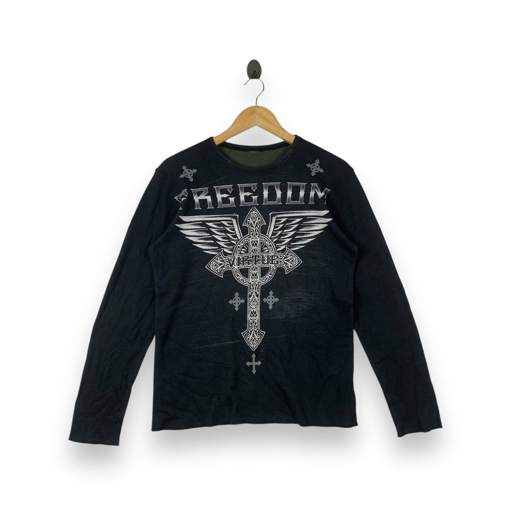 Vintage FREEDOM VIRTUE Cross Graphic Long Sleeve Thermal Shirt Black Gothic Y2K Style