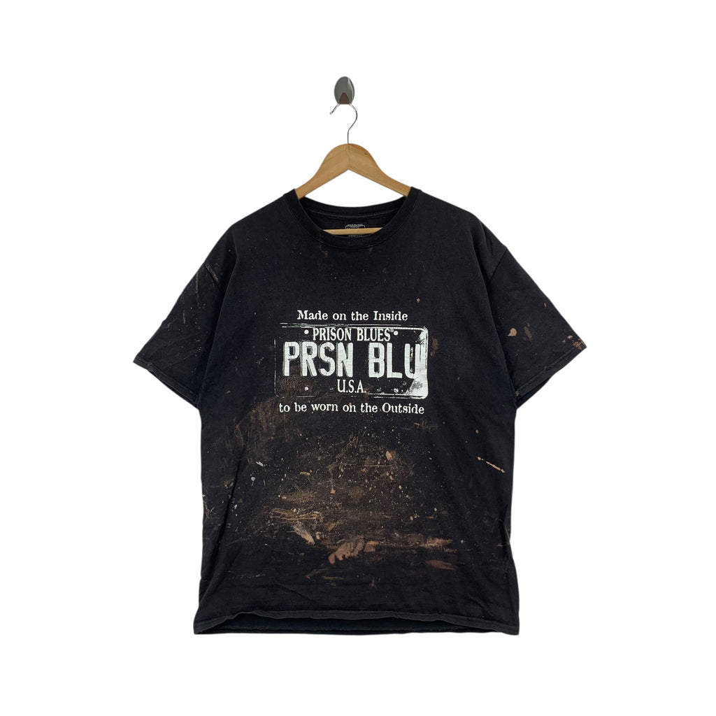 Vintage PRISON BLUES USA Made On The Inside Inmates Tee Shirt Top Abstract