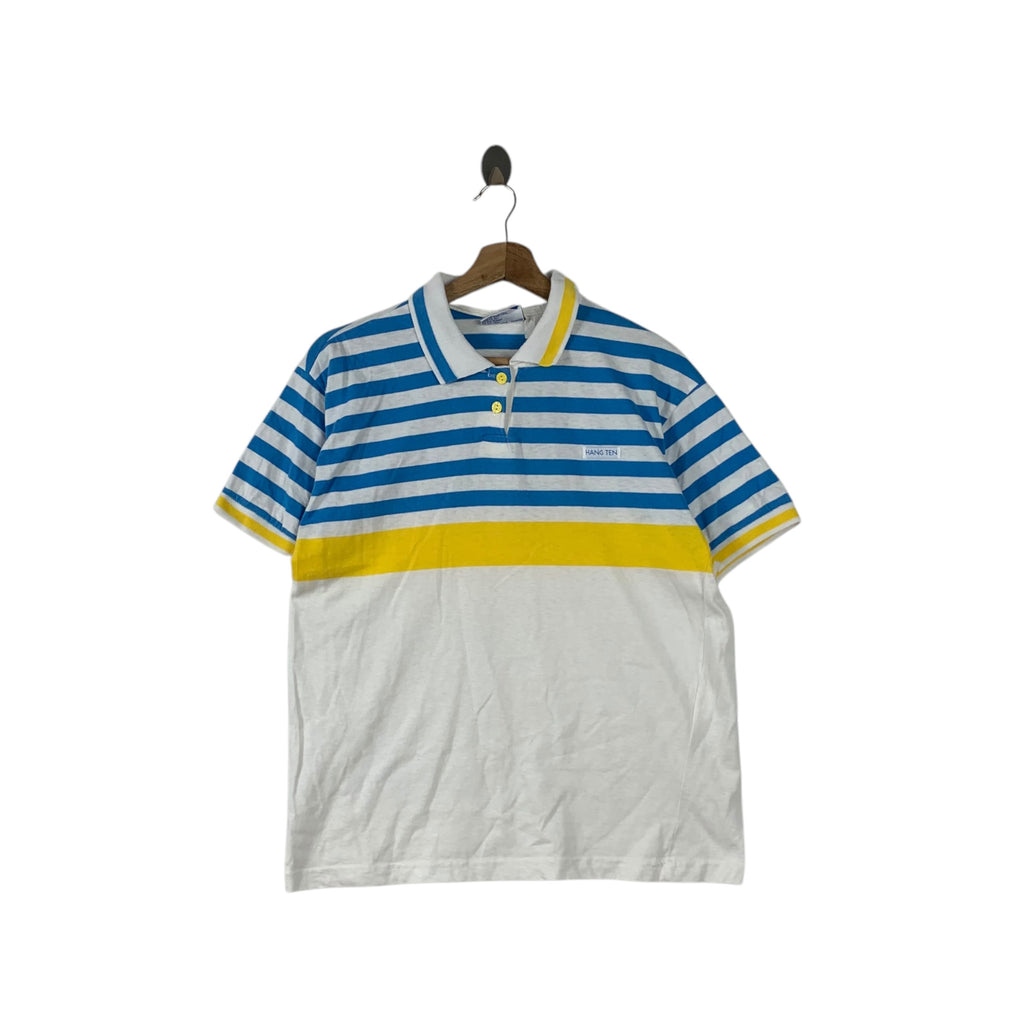 Vintage 90’ HANG TEN SURF Hawaii Made In USA Polo Tee Shirt Top Striped Collar Beach