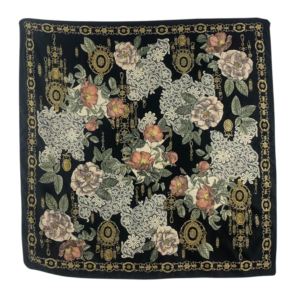 Vintage BAROQUE FLORAL ROSES Made In Italy Scarf Hand Rolled Shawl Neckerchief Ornate Chains