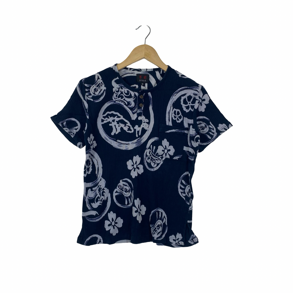 Vintage JAPANESE STYLE Short Sleeve  Daruma Floral Print Henley Neck Pocket Tee Shirt