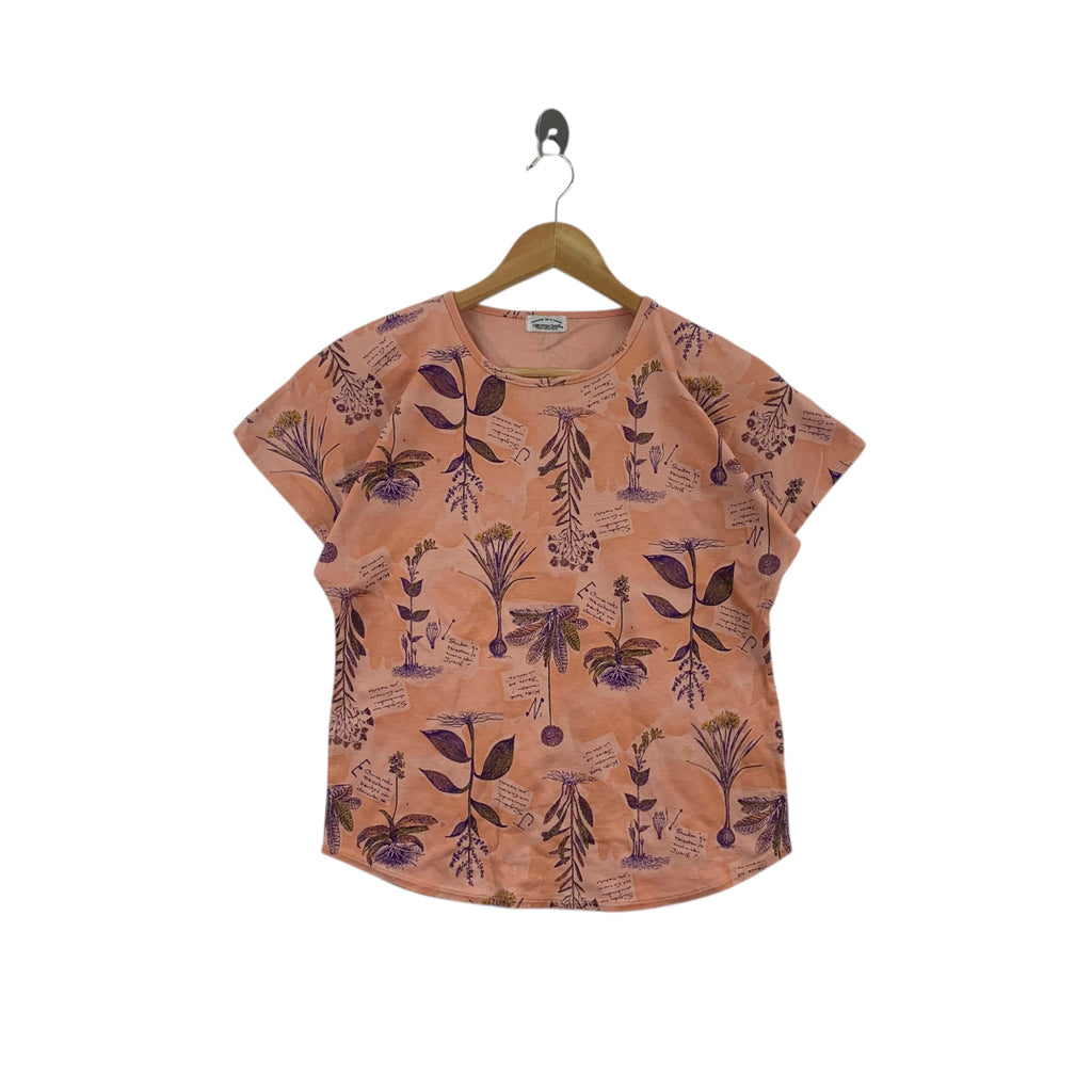Vintage 80’ CRESTED CRANE TOKYO Designer AOP Tee Shirt Top Leaves Floral Painting tf