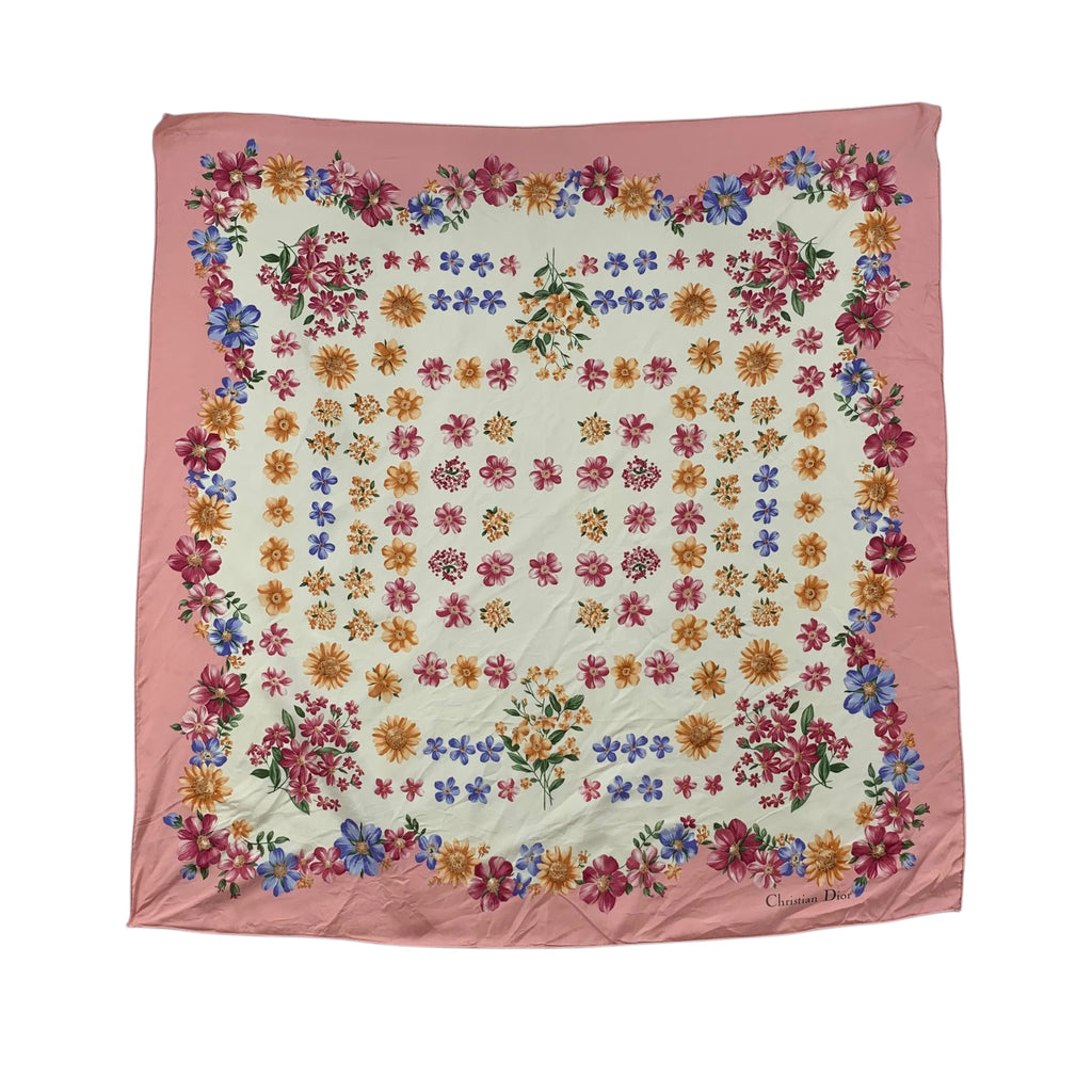Vintage CHRISITAN DIOR PARIS Pastel Floral Silk Scarf Hand Rolled Shawl Neckerchief Bouquet Motif