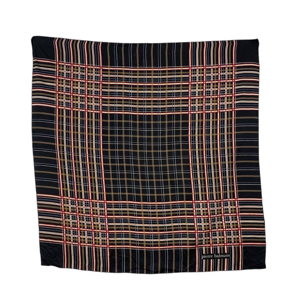 Vintage PIERRE BALMAIN PARIS Plaid Windowpane Grid Silk Scarf Hand Rolled Shawl Neckerchief Checkered