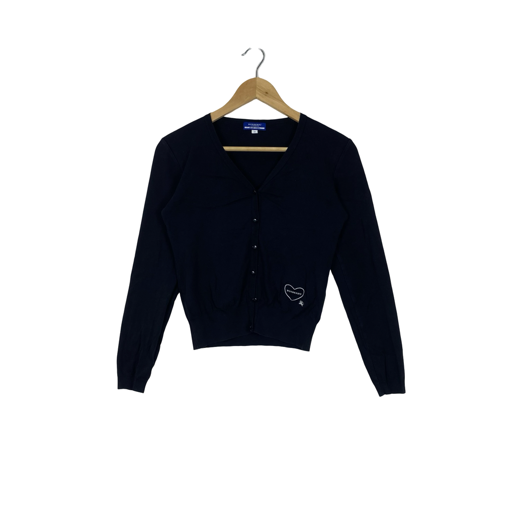BURBERRY LONDON Blue Label Knit Cardigan V-Neck Button Front Long Sleeve Heart Logo Embroidered Casual Preppy Y2K Sweater