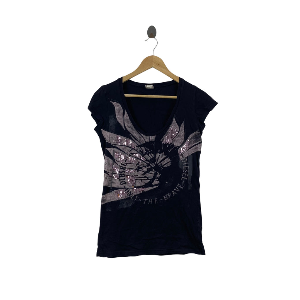 Vintage DIESEL Graphic Tee Shirt Sequin Print Scoop Neck Slim Fit Y2K
