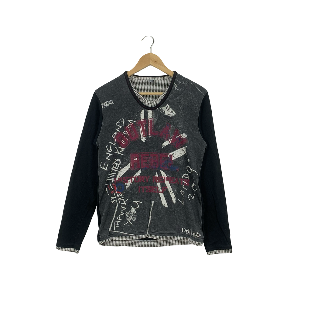 DRIF RAGE Outlaw Rebel Houndstooth Layered Design Long Sleeve Tee Shirt Top