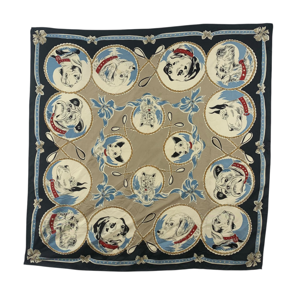Vintage DOG PRINT Illustrated Canine Portraits Silk Scarf Hand Rolled Shawl Neckerchief Novelty