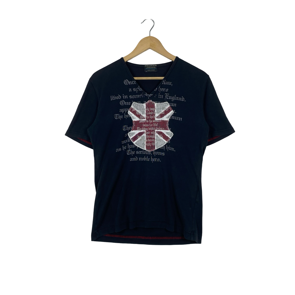 Vintage NICOLE CLUB For Union Jack Patch Graphic T-Shirt V-Neck British England Flag Y2K Casual Streetwear
