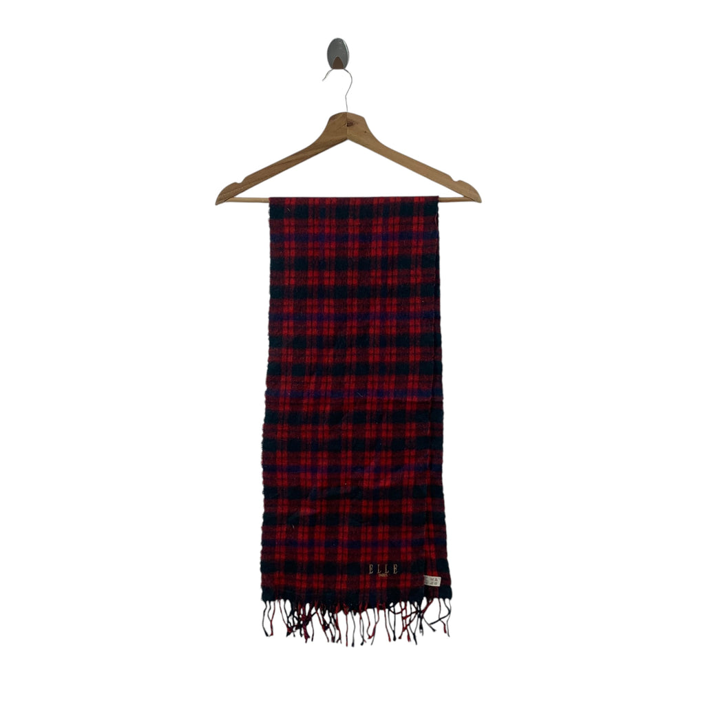 Vintage ELLE PARIS FASHION Plaids Checks Tartan Muffler Scarf Shawl Fringes